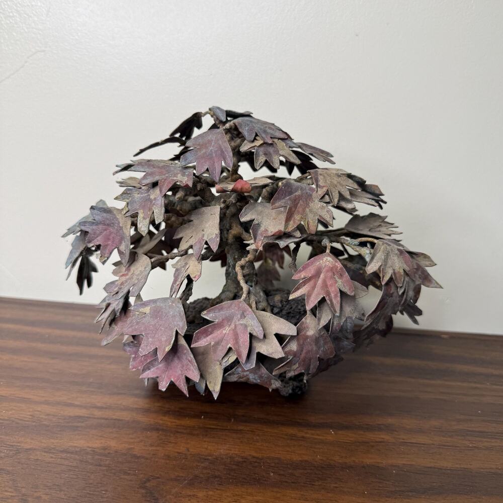 Mid Century Modern Brutalist Copper Tree Sculpture with Stone Base